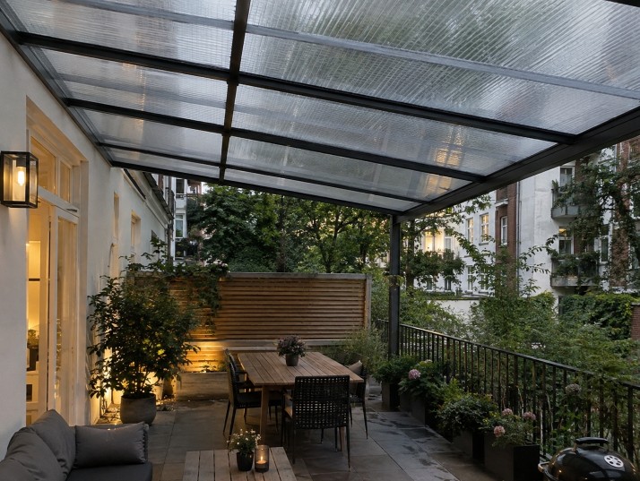 Offene Terrassenüberdachung mit Polycarbonatdach über einer Altbau-Terrasse